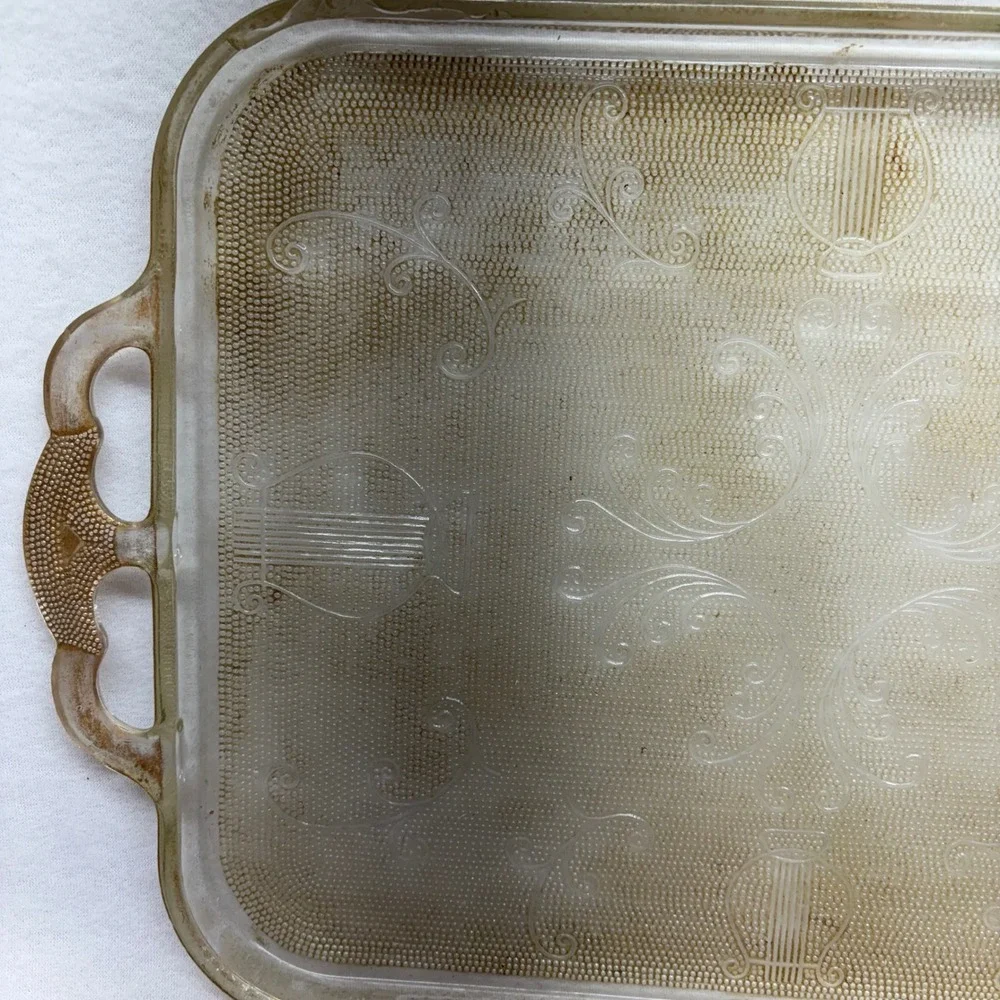 Vintage Harp Etched Glass Serving Tray with Handles‎ Ornate Floral Design